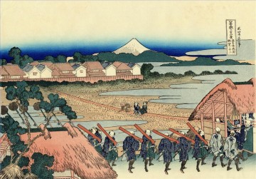 浮世絵 Painting - 千住のゲイクォーターから見た富士山 葛飾北斎 浮世絵